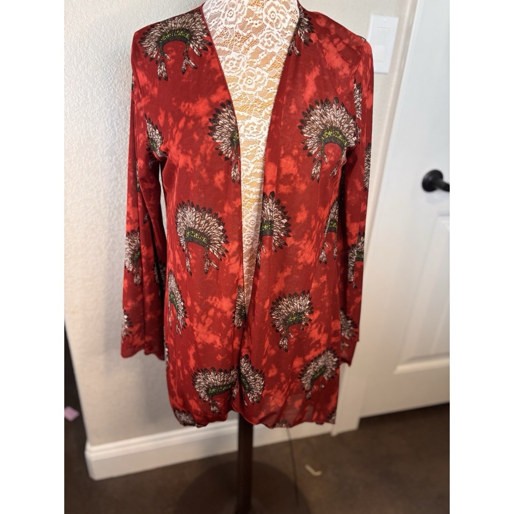 L&B Lucky & Blessed Red Feather Boho Long Duster Jacket Kimono Small NWT Western